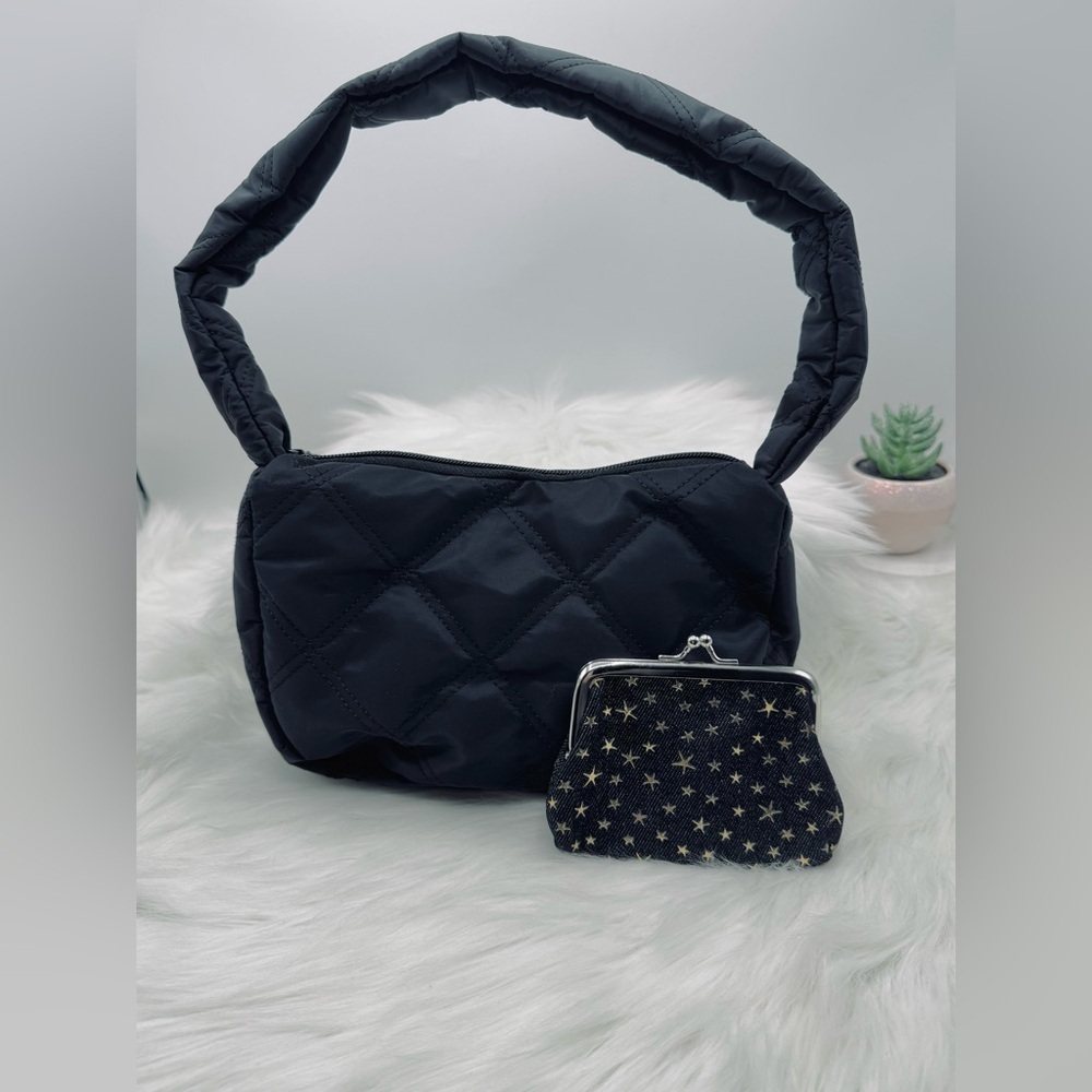 The Errands Grab & Go Quilted Nylon Handbag w/ Star Print Black Jean Coin Purse